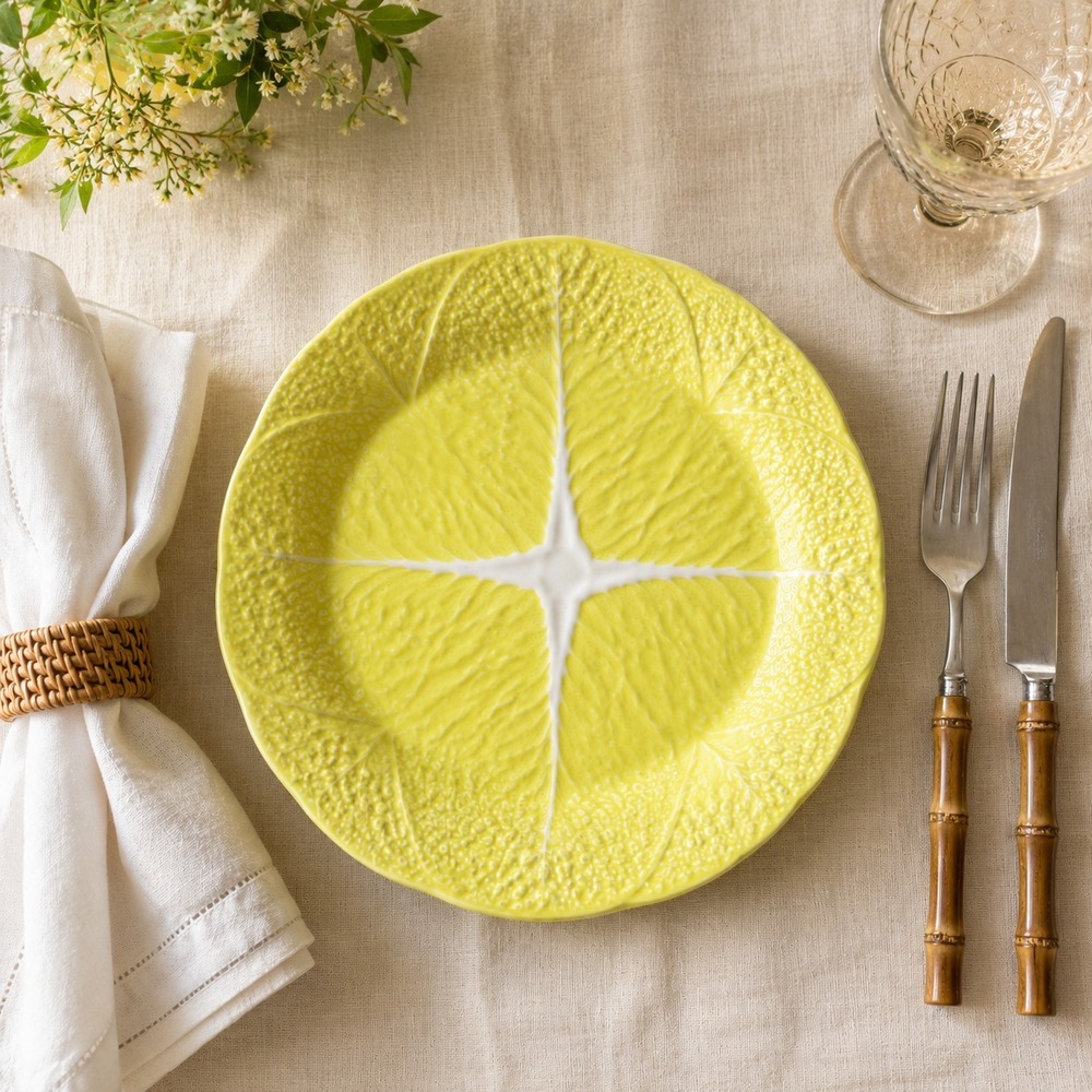 Set Of 3 Vintage Secla Yellow Majolica Cabbage Lettuce Leaf Dinner Plates 11"